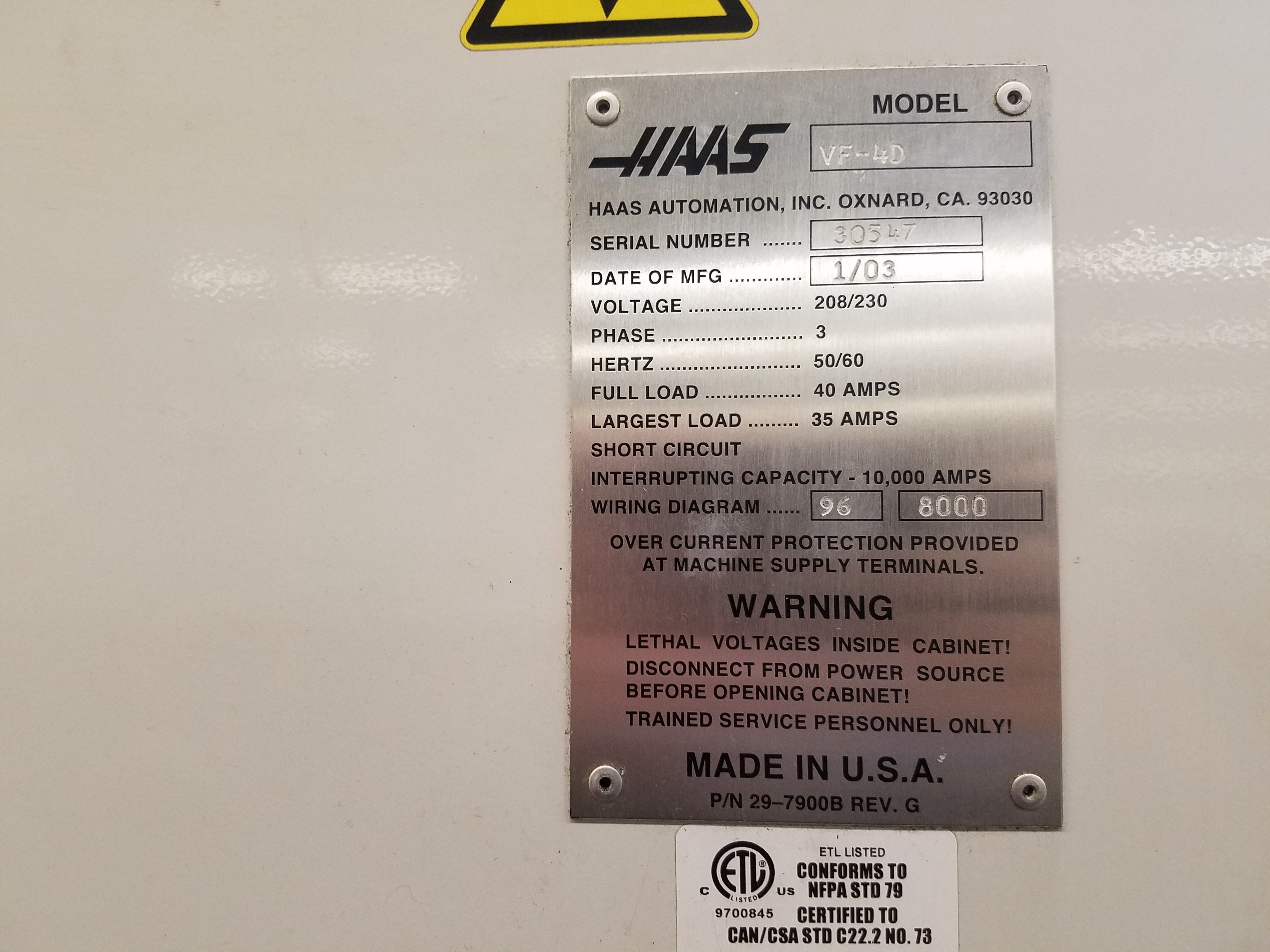 Haas VF-4D CNC Vertical Machining Center For Sale